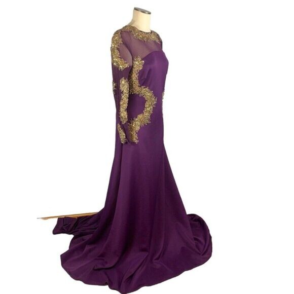 Walter Mendez Purple Evening Gown Dress Formal Prom Gold with Train - Picture 5 of 16